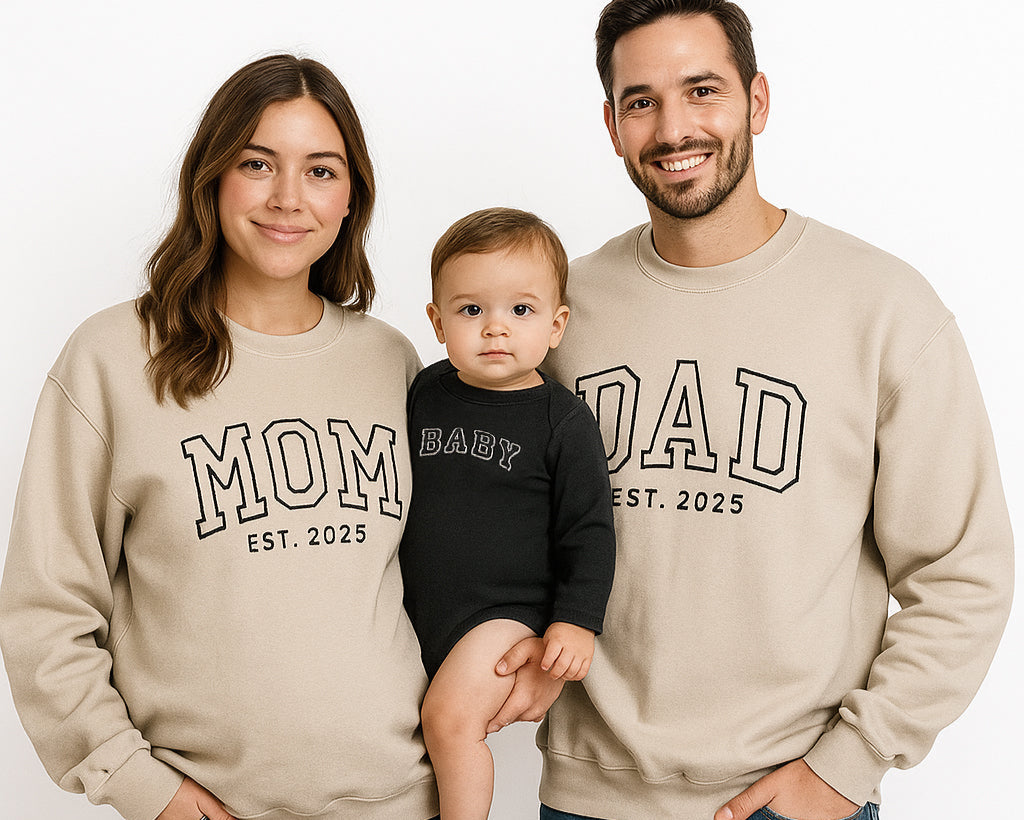 Neutral Embroidered Matching Family Outfits for Mom, Dad and Baby
