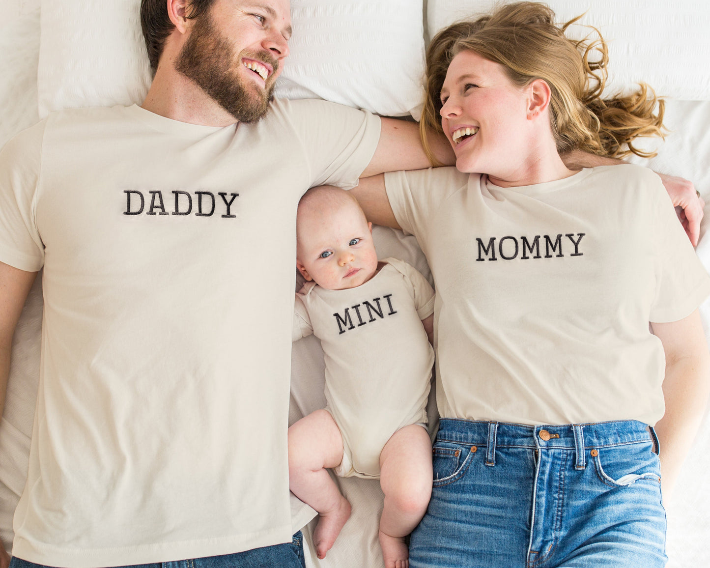 mommy daddy mini matching neutral t shirts onesies embroidered embroidery family matching shirts coming home outfits