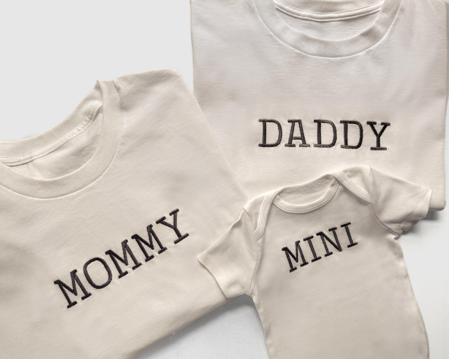 mommy daddy mini matching neutral t shirts onesies embroidered embroidery family matching shirts coming home outfits