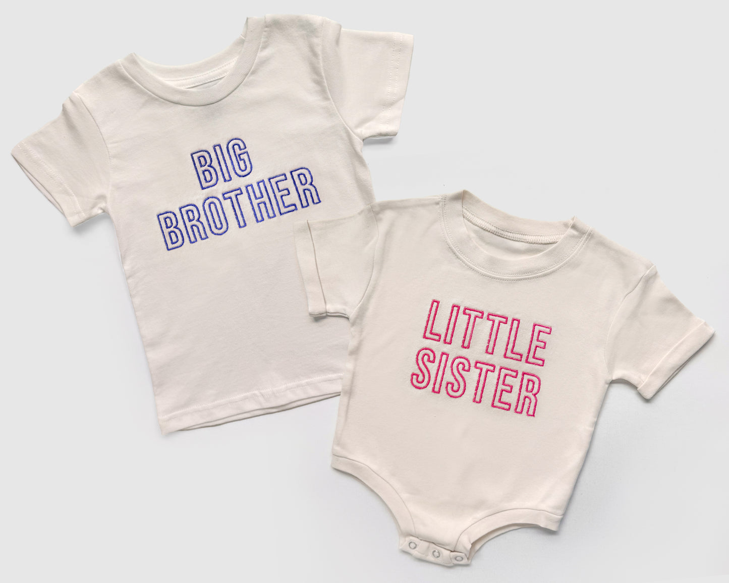 Celebrate sibling love with these adorable cream embroidered sibling shirts and bodysuits, perfect for family photos, pregnancy announcements, and everyday wear! Each piece is made from soft, high-quality cotton and comes in your choice of baby bodysuit, baby bubble romper, toddler t-shirt, or youth t-shirt.