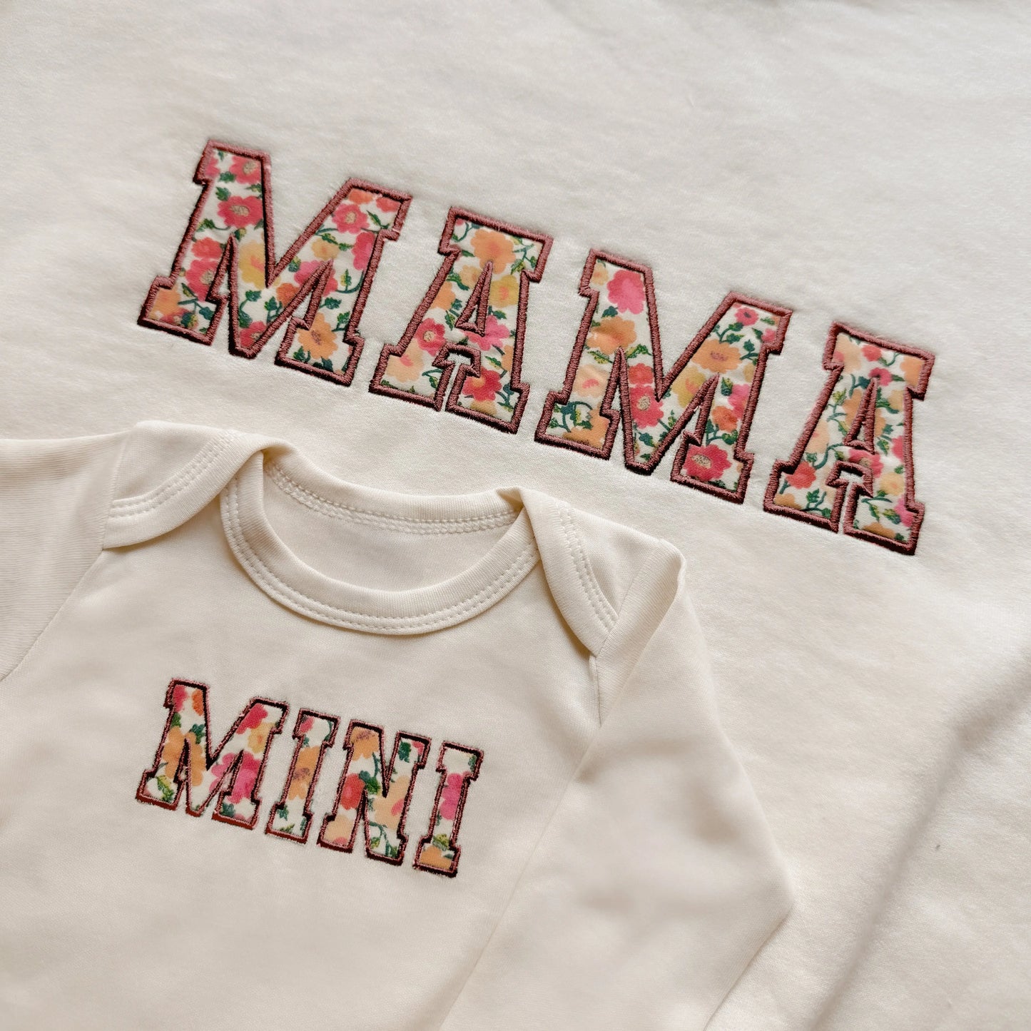 cream beige mama and mini embroidered applique sweatshirt onesie bodysuit bubble newborn gift baby shower newborn coming home from hospital outfits sleeve embroidery