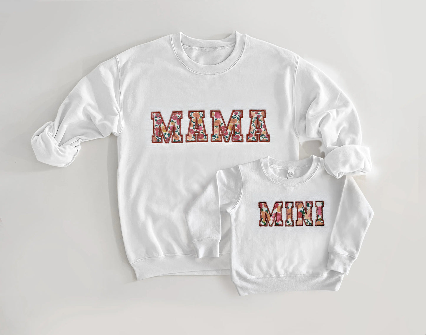 cream beige mama and mini embroidered applique sweatshirt onesie bodysuit bubble newborn gift baby shower newborn coming home from hospital outfits sleeve embroidery