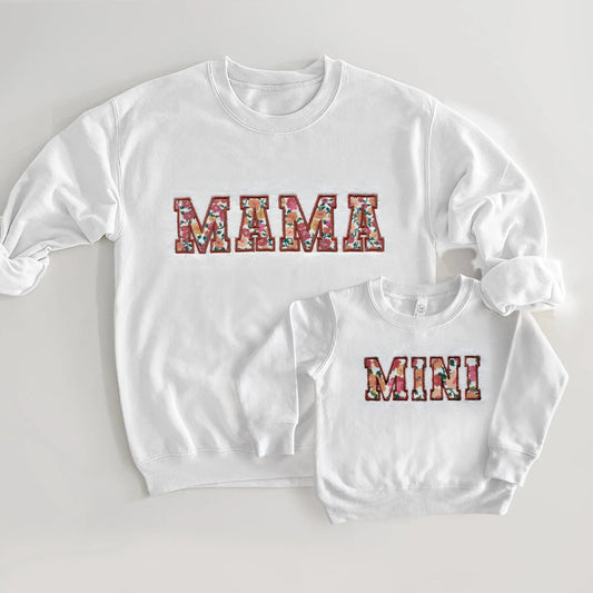 cream beige mama and mini embroidered applique sweatshirt onesie bodysuit bubble newborn gift baby shower newborn coming home from hospital outfits sleeve embroidery