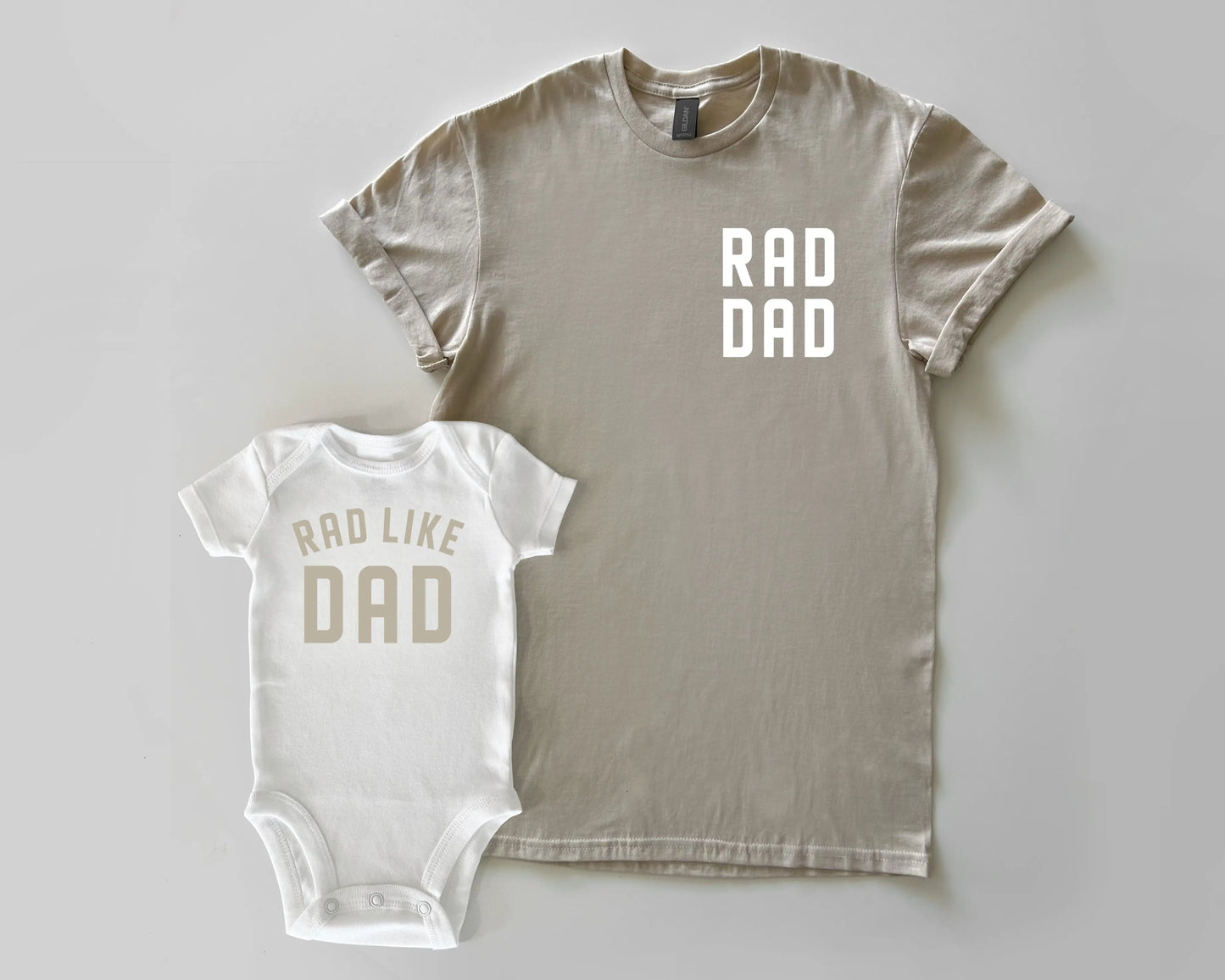 rad dad rad like dad neutral baby onesies bodysuits t shirts matching daddy and me dad and son or daughter twinning beige black white