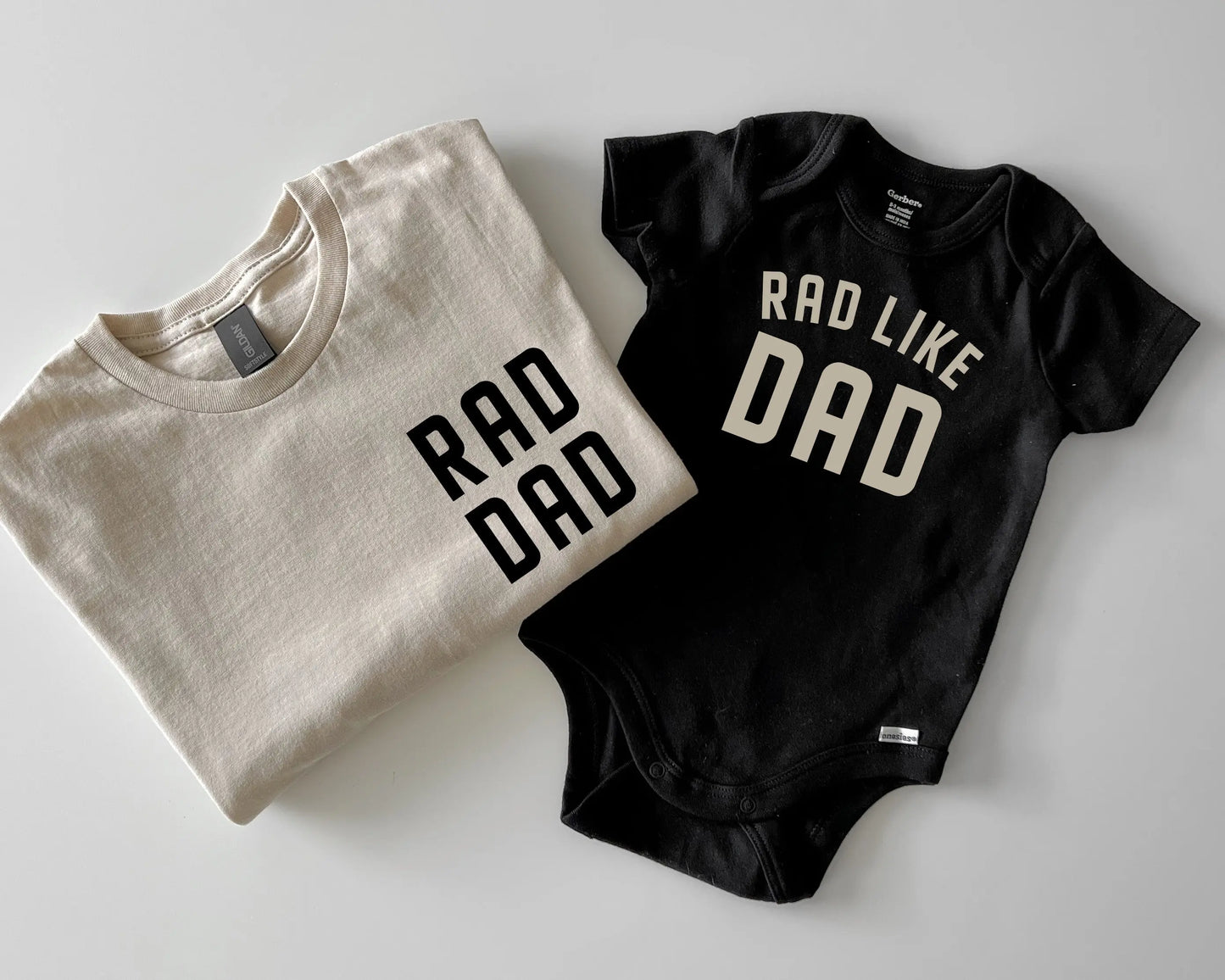 rad dad rad like dad neutral baby onesies bodysuits t shirts matching daddy and me dad and son or daughter twinning beige black white