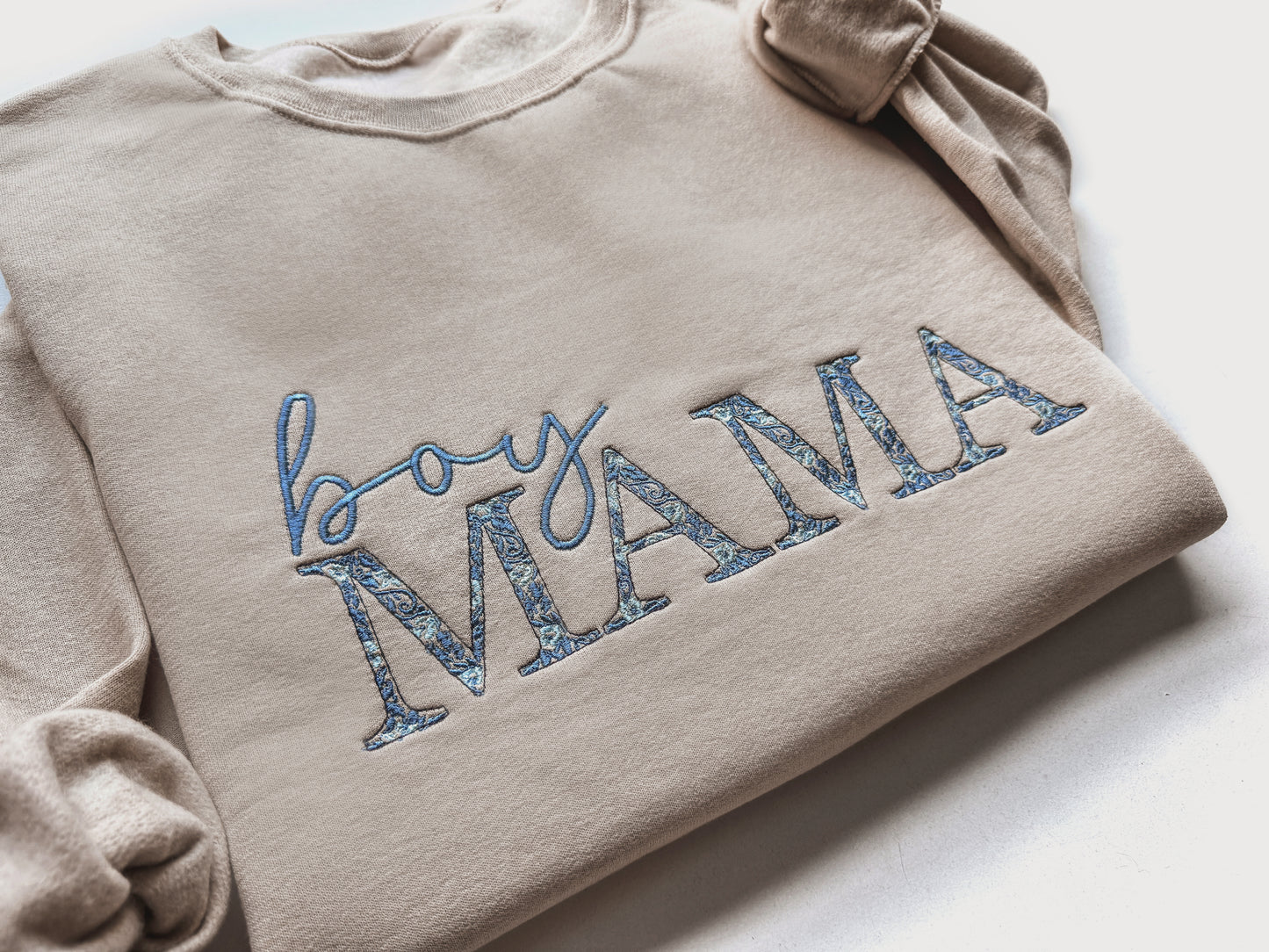 boy mama embroidered sweatshirt with blue floral embroidery gift for new mom on model