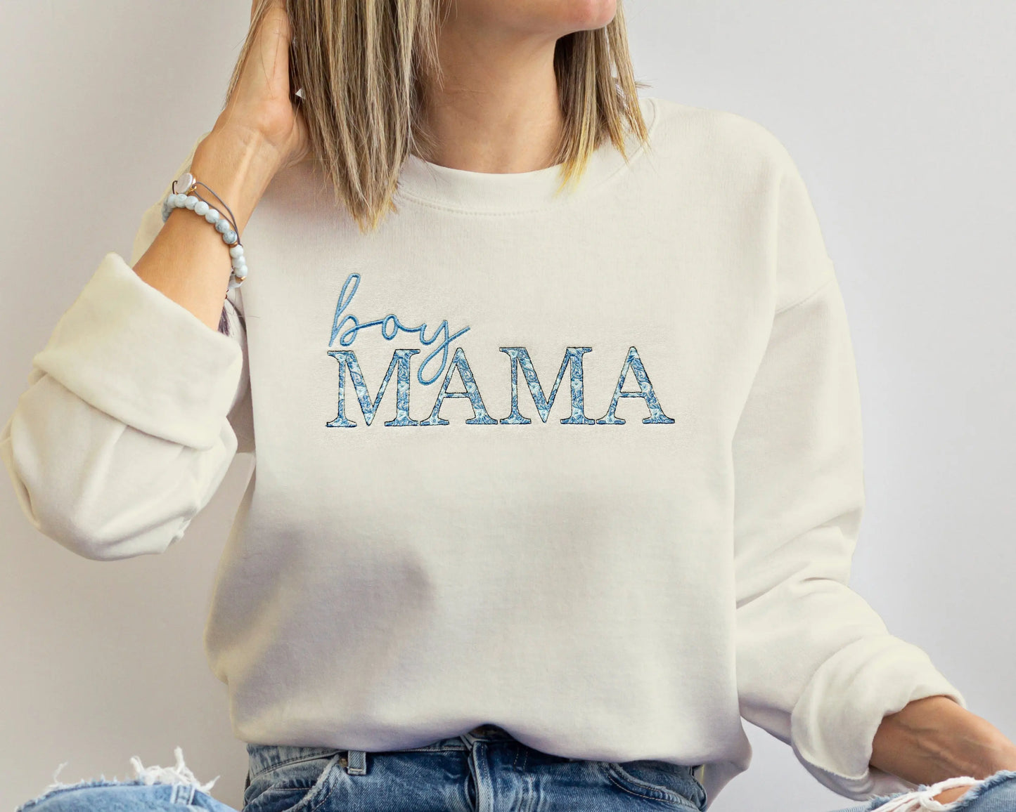 boy mama embroidered sweatshirt with blue floral embroidery gift for new mom on model