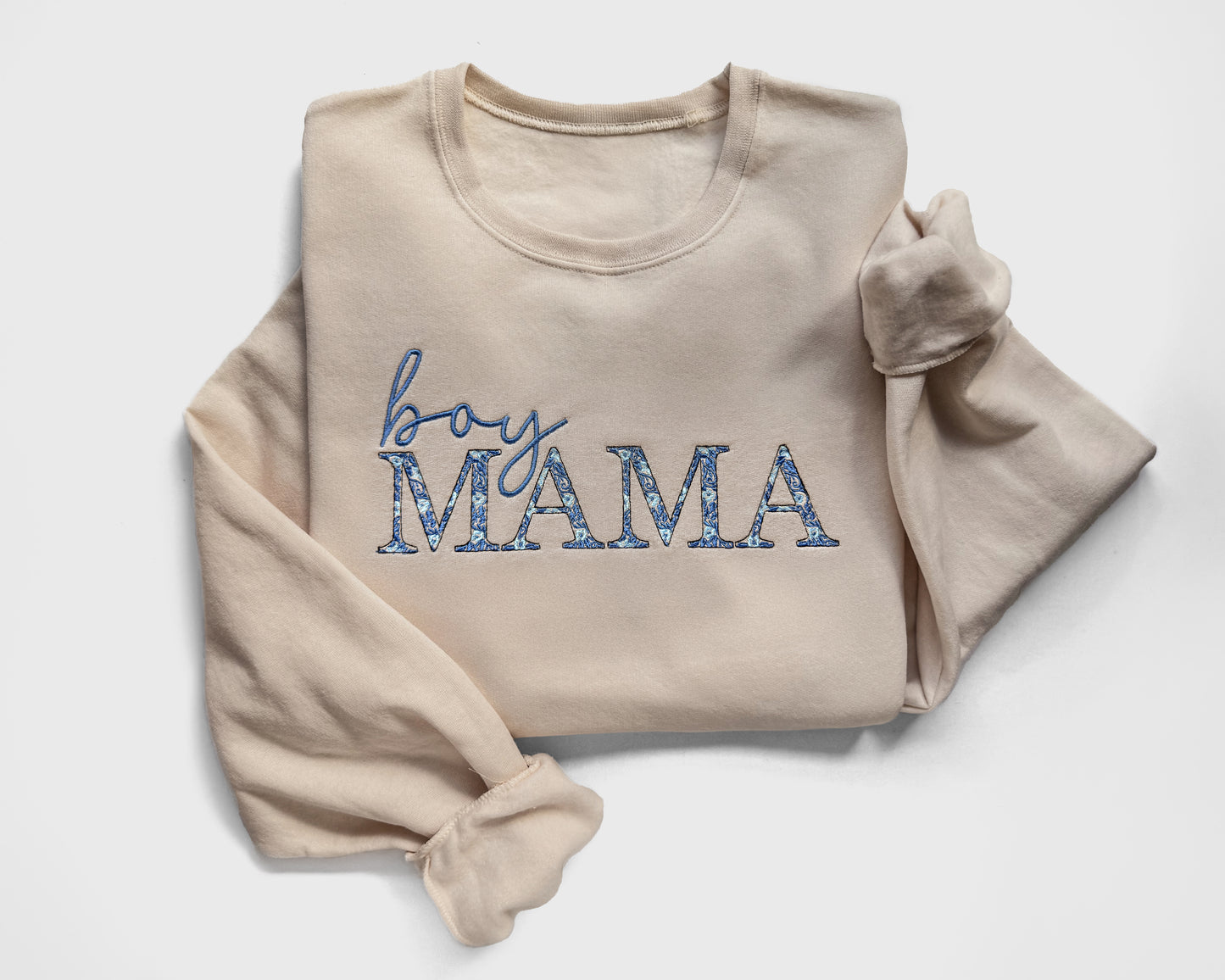 boy mama embroidered sweatshirt with blue floral embroidery gift for new mom on model