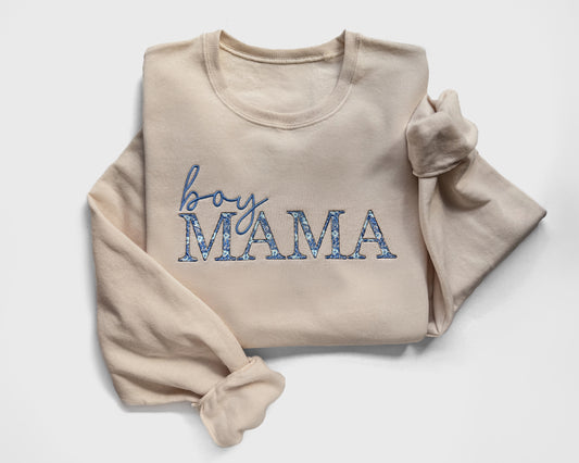 boy mama embroidered sweatshirt with blue floral embroidery gift for new mom on model