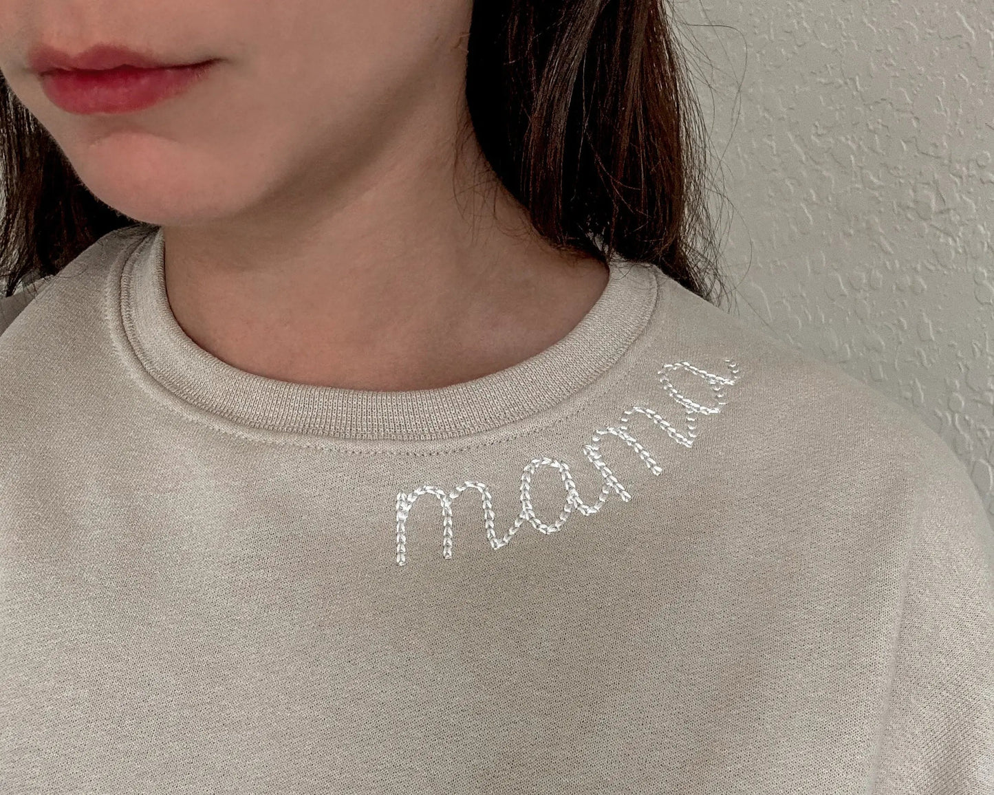 chain stitch neckline mama and mini embroidery neutral mommy and me mother daughter matching outfits embroidered crewneck pullover bubble romper baby shower gift