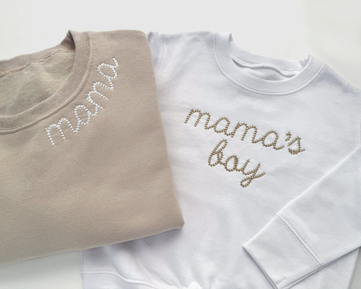 chain stitch neckline mama and mini embroidery neutral mommy and me mother daughter matching outfits embroidered crewneck pullover bubble romper baby shower gift