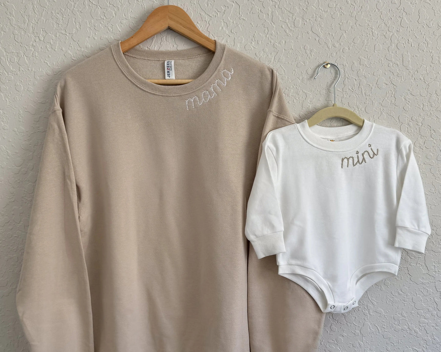 chain stitch neckline mama and mini embroidery neutral mommy and me mother daughter matching outfits embroidered crewneck pullover bubble romper baby shower gift