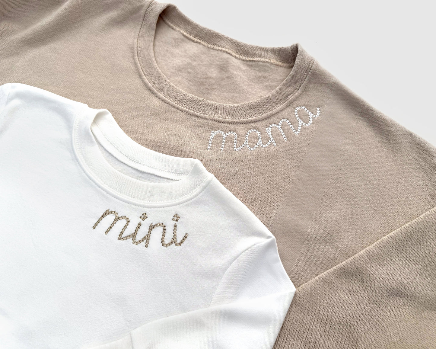 chain stitch neckline mama and mini embroidery neutral mommy and me mother daughter matching outfits embroidered crewneck pullover bubble romper baby shower gift