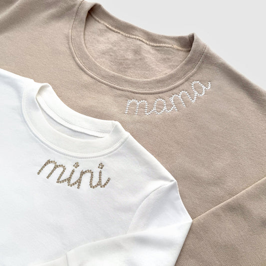 chain stitch neckline mama and mini embroidery neutral mommy and me mother daughter matching outfits embroidered crewneck pullover bubble romper baby shower gift
