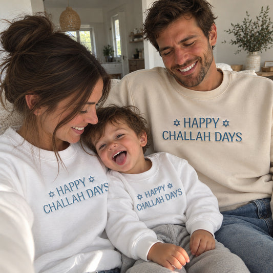 Happy Challah Days Embroidered Hanukkah Matching Family Sweatshirts & Baby Outfits