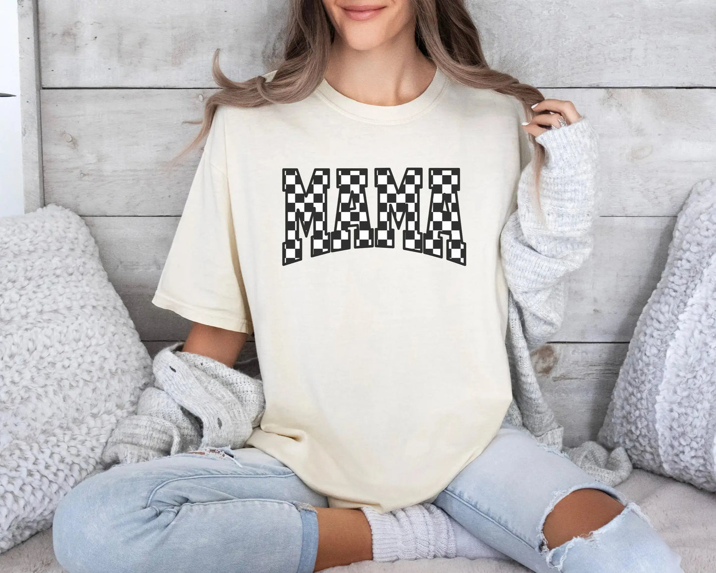 mother daughter matching outfits mommy and me mama and mini shirt set in cream with checkerboard pattern mama shirt