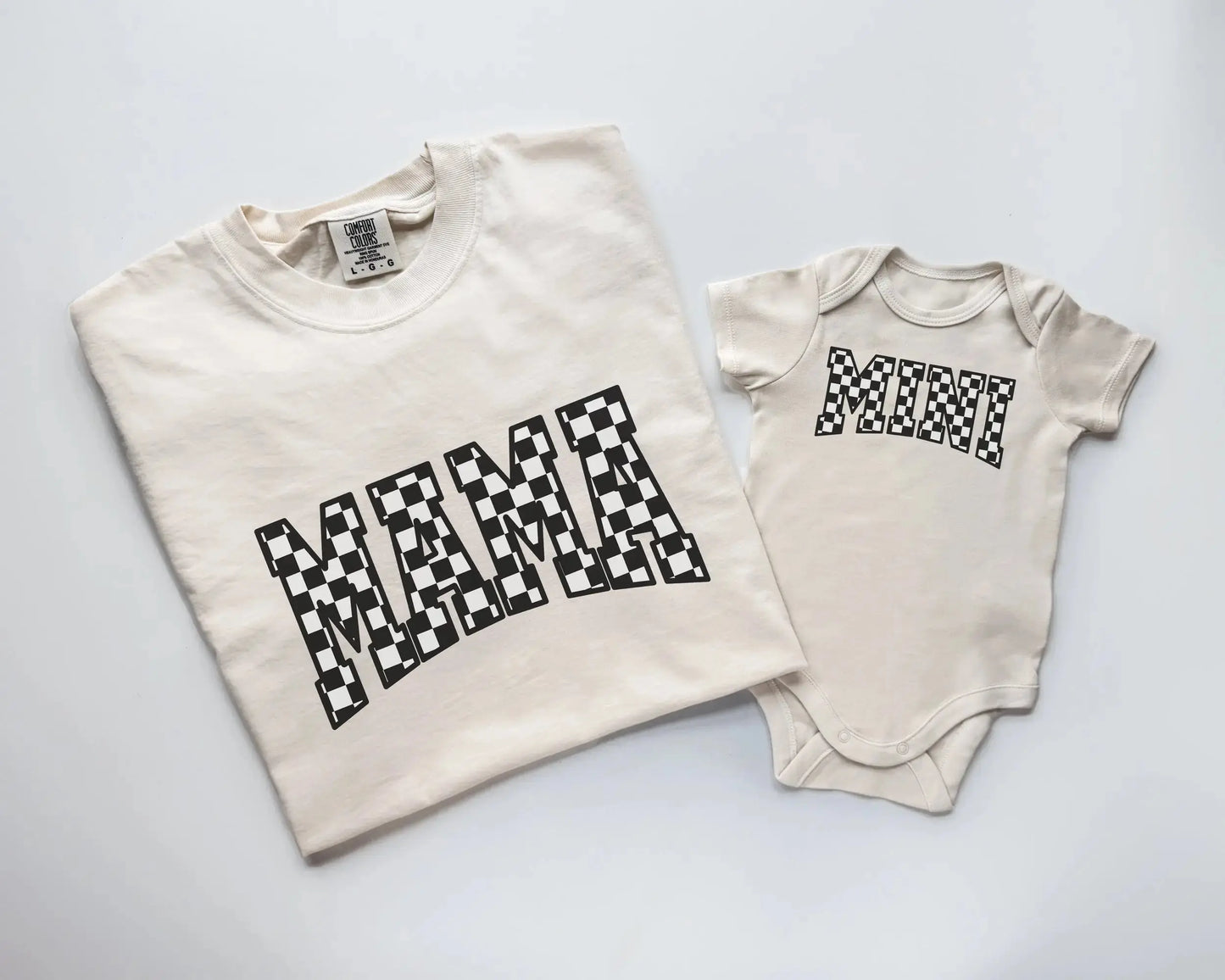 mother daughter matching outfits mommy and me mama and mini shirt set in cream with checkerboard pattern tee and onesie