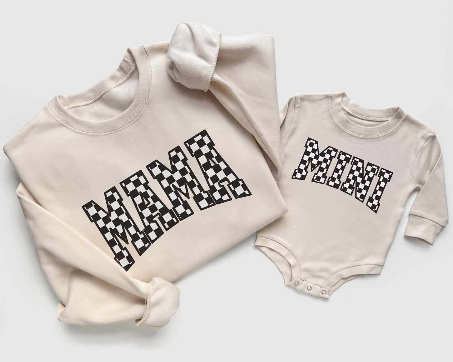 cream mama and mini checkerboard sweatshirts, mother daughter matching outfits adult sweatshirt
