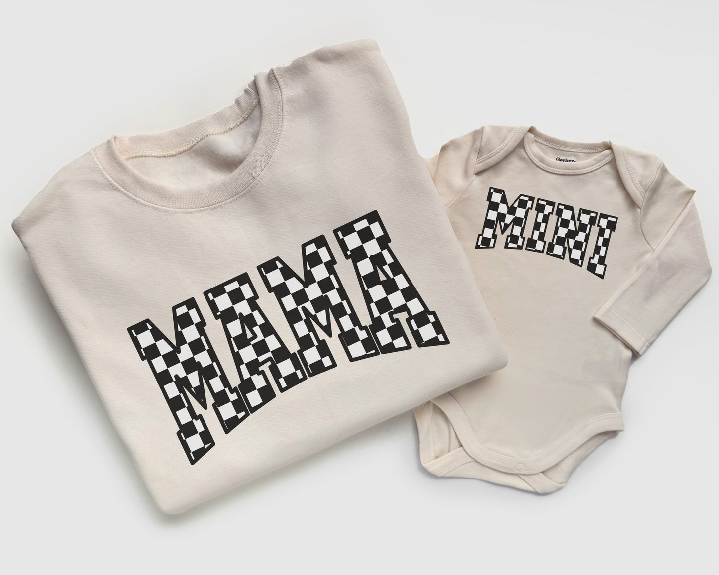 cream mama and mini checkerboard sweatshirts, mother daughter matching outfits adult sweatshirt