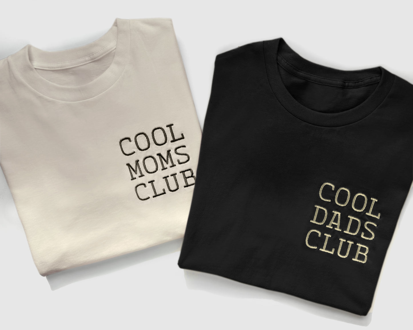 cool moms club cool dads club new mom new dad birthday fathers day mothers day gift new parents baby shower funny shirts for mothers and fathers embroidered embroidery custom personalized neutral cream black white