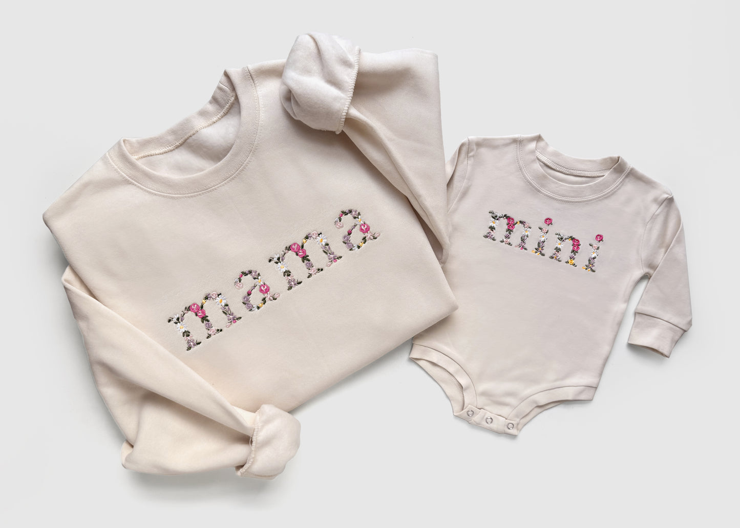 floral flower mama mini mommy and me baby matching neutral cream white baby girl gift newborn baby shower gift new mom birthday mothers day sweatshirts crewneck pullovers onesies bubble rompers