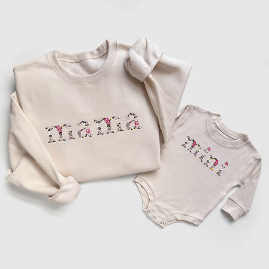 floral flower mama mini mommy and me baby matching neutral cream white baby girl gift newborn baby shower gift new mom birthday mothers day sweatshirts crewneck pullovers onesies bubble rompers
