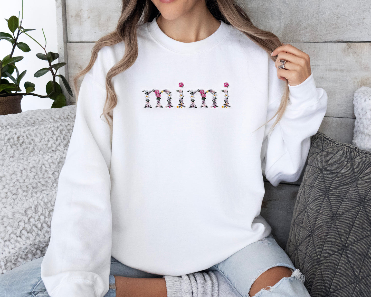 floral flower embroidered embroidery grandma grandmother nana sweatshirt crewneck pullover custom personalized grandma birthday gift