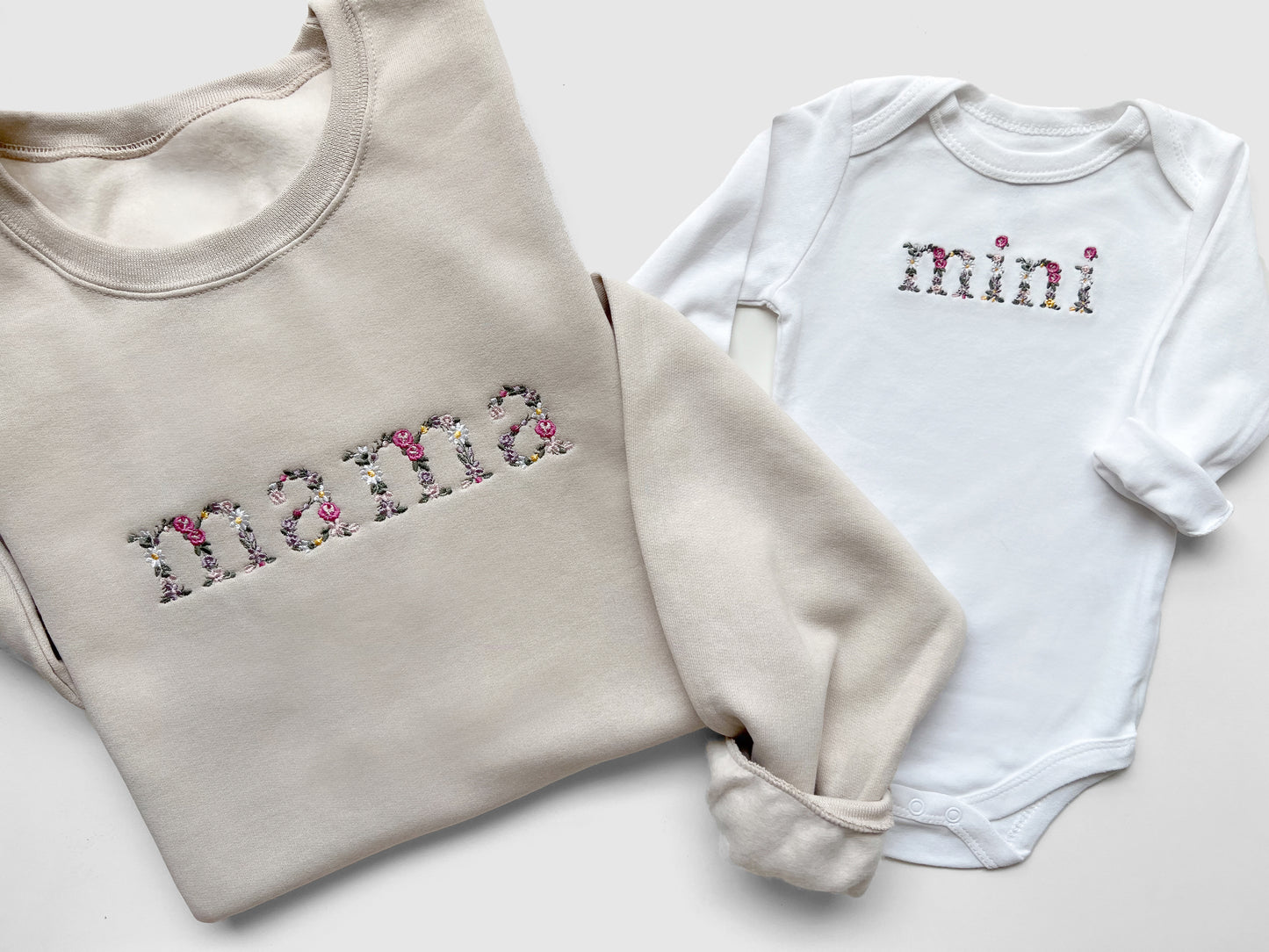 mommy and me mama and mini custom embroidered sweatshirts new mom gift baby shower gift matching sweatshirts crewnecks pullovers family matching embroidery flowers handmade