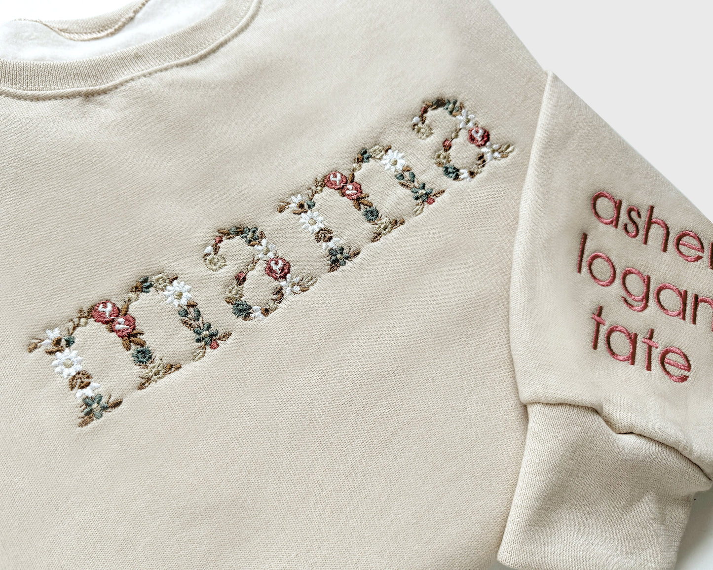 Neutral Floral Embroidered Mom Sweatshirt with Sleeve Embroidery Summer & Bash