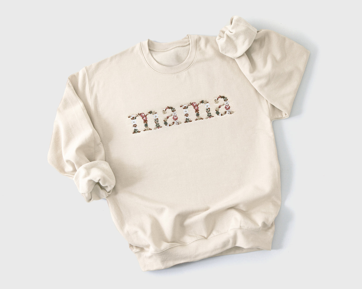 Neutral Floral Embroidered Mom Sweatshirt with Sleeve Embroidery Gift For New Mom
