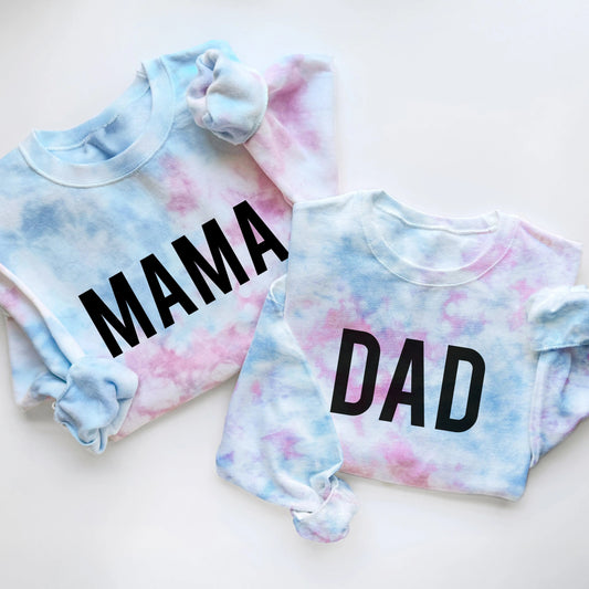 mom mama dad dada gender reveal tie dye sweatshirt tee t-shirt baby reveal pregnancy announcement party outfits pink blue white gender neutral