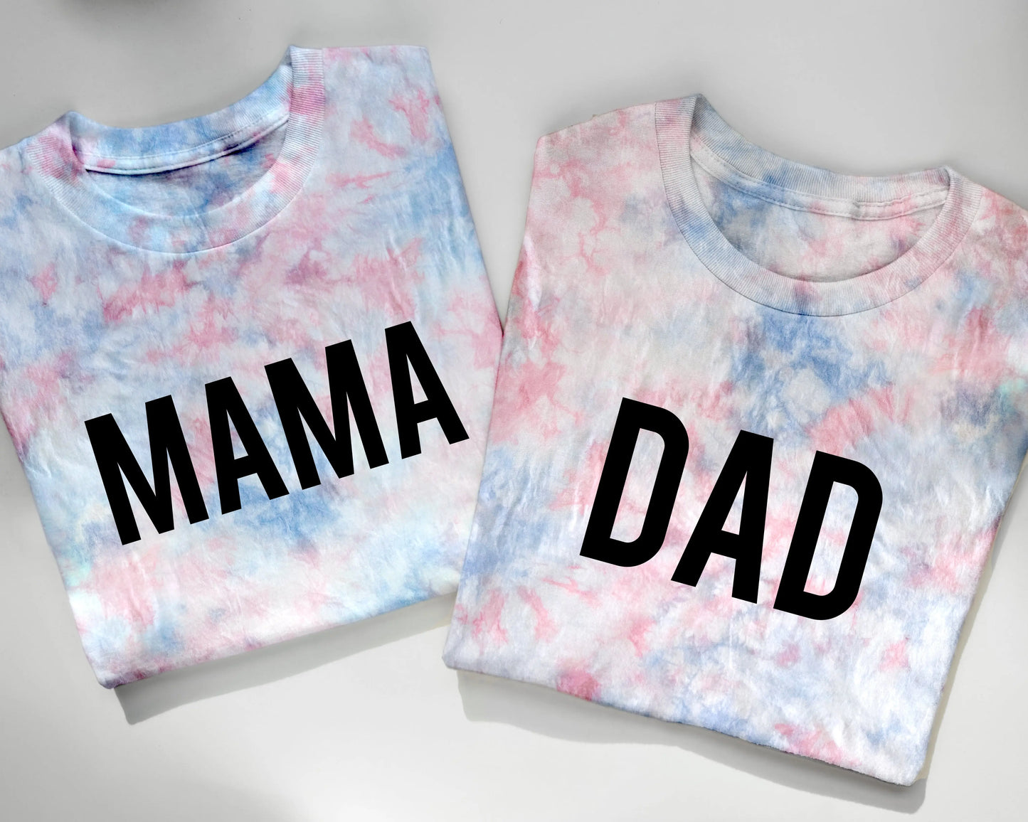 mom mama dad dada gender reveal tie dye sweatshirt tee t-shirt baby reveal pregnancy announcement party outfits pink blue white gender neutral