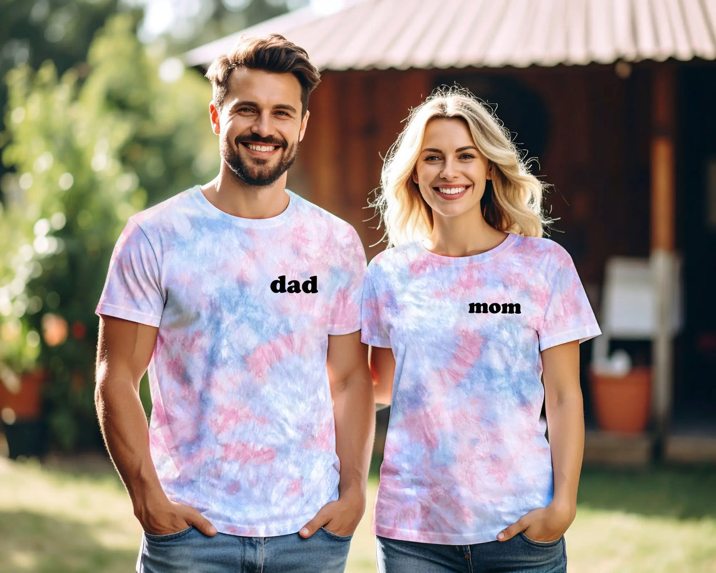 mom mama dad dada gender reveal tie dye sweatshirt tee t-shirt baby reveal pregnancy announcement party outfits pink blue white gender neutral