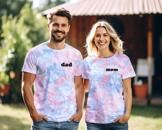 mom mama dad dada gender reveal tie dye sweatshirt tee t-shirt baby reveal pregnancy announcement party outfits pink blue white gender neutral