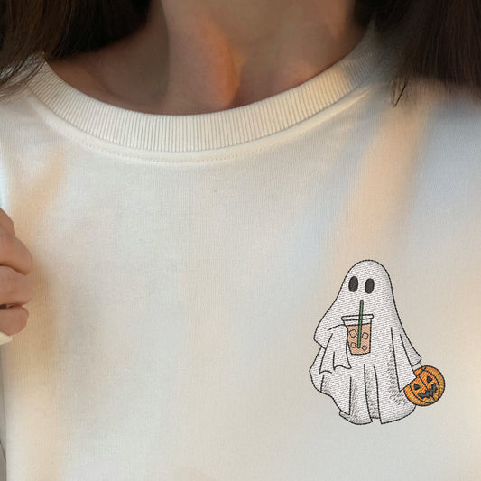 Embroidered Iced Coffee Ghost Funny Halloween Sweatshirt