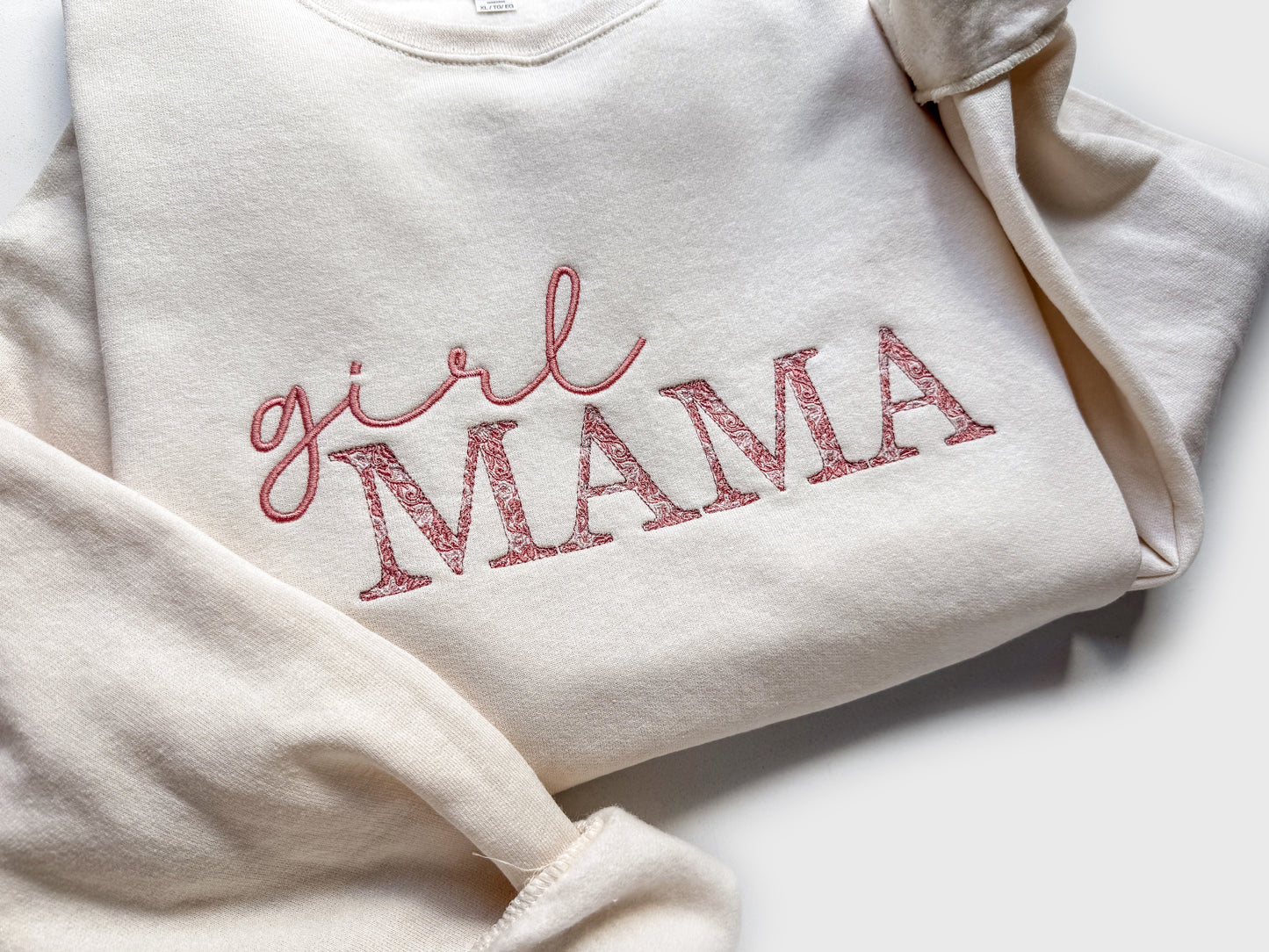 girl mama embroidered sweatshirt with pink floral embroidery gift for new mom on closeup