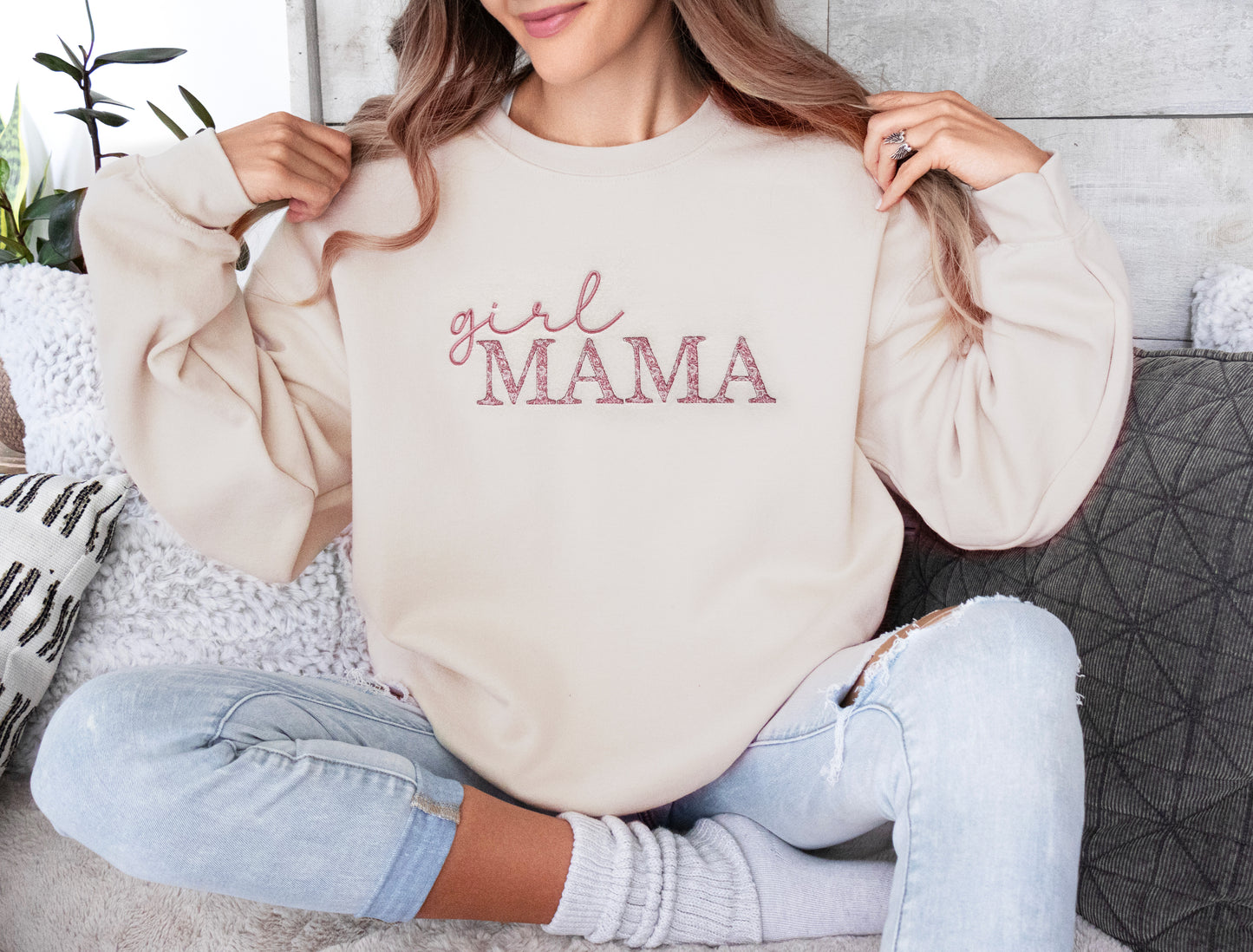 girl mama embroidered sweatshirt with pink floral embroidery gift for new mom on model