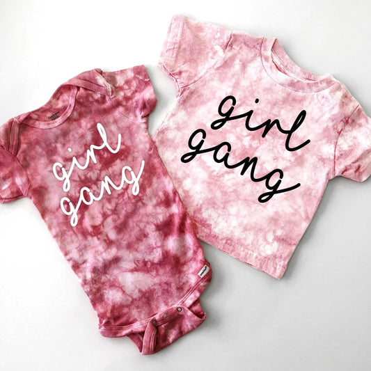 girl gang tie dye matching shirts onesies bodysuits tees toddler baby mom sister matching cousin mom gift baby announcement pregnancy gender reveal shirts pink