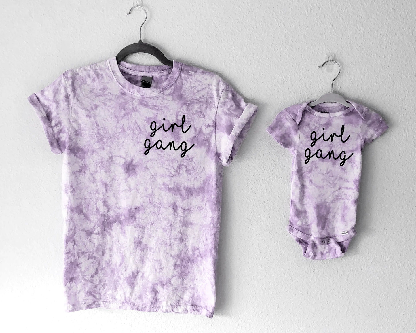 girl gang tie dye matching shirts onesies bodysuits tees toddler baby mom sister matching cousin mom gift baby announcement pregnancy gender reveal shirts pink purple girly
