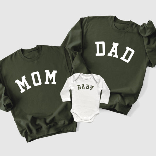 Army Green Family Matching Sweatshirts and Baby Bodysuits and Bubbles for coming home from the hospital outfits