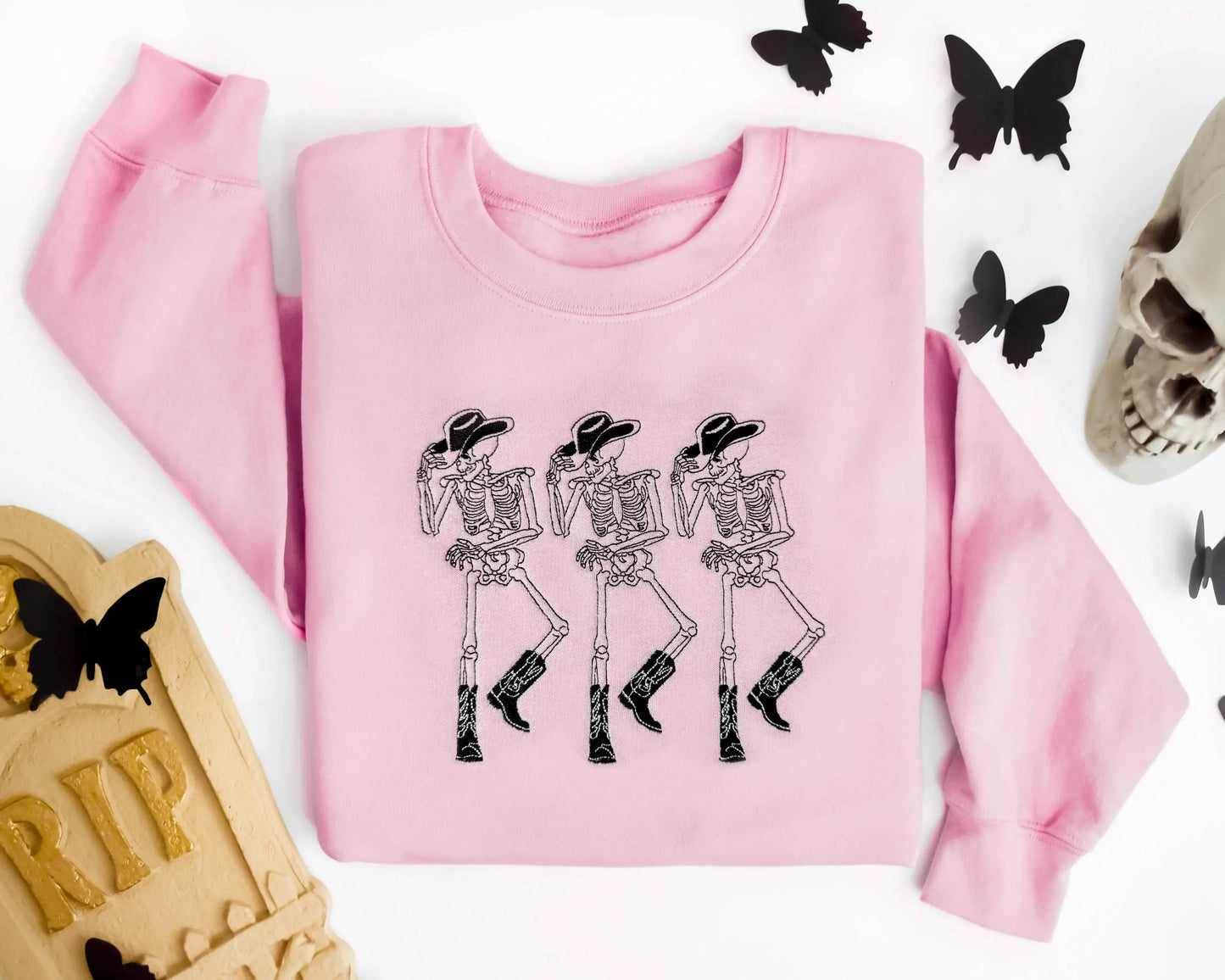 embroidered cowboy skeleton funny halloween sweatshirt halloween crewneck in pink