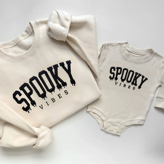 spooky vibes embroidered halloween sweatshirts for mom and baby in cream