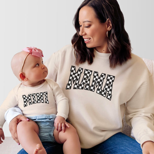 cream mama and mini checkerboard sweatshirts, mother daughter matching outfits adult sweatshirt