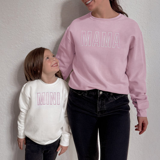 mama mini matching mommy and me sweatshirts, embroidered mom and baby shirts