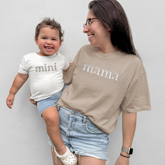 mama and mini neutral matching embroidered t-shirt mom and baby set lifestyle shot on a mom and toddler