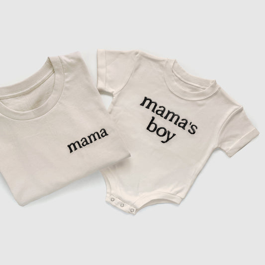 cream black neutral mama mamas boy t shirt onesie bubble mommy and me baby son matching shirts embroidered embroidery baby shower gift
