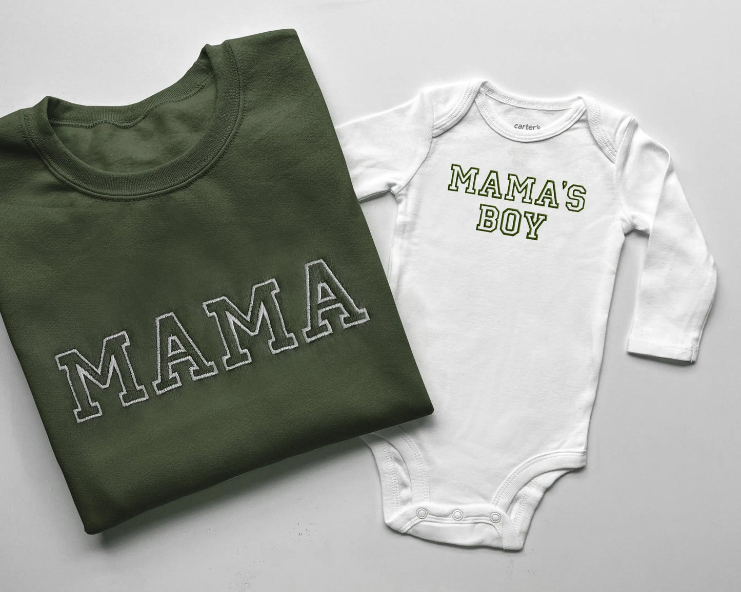 army green mama sweatshirt matching white baby onesie mini embroidered embroidery crewneck pullover mommy and me set baby shower gift baby boy mamas boy
