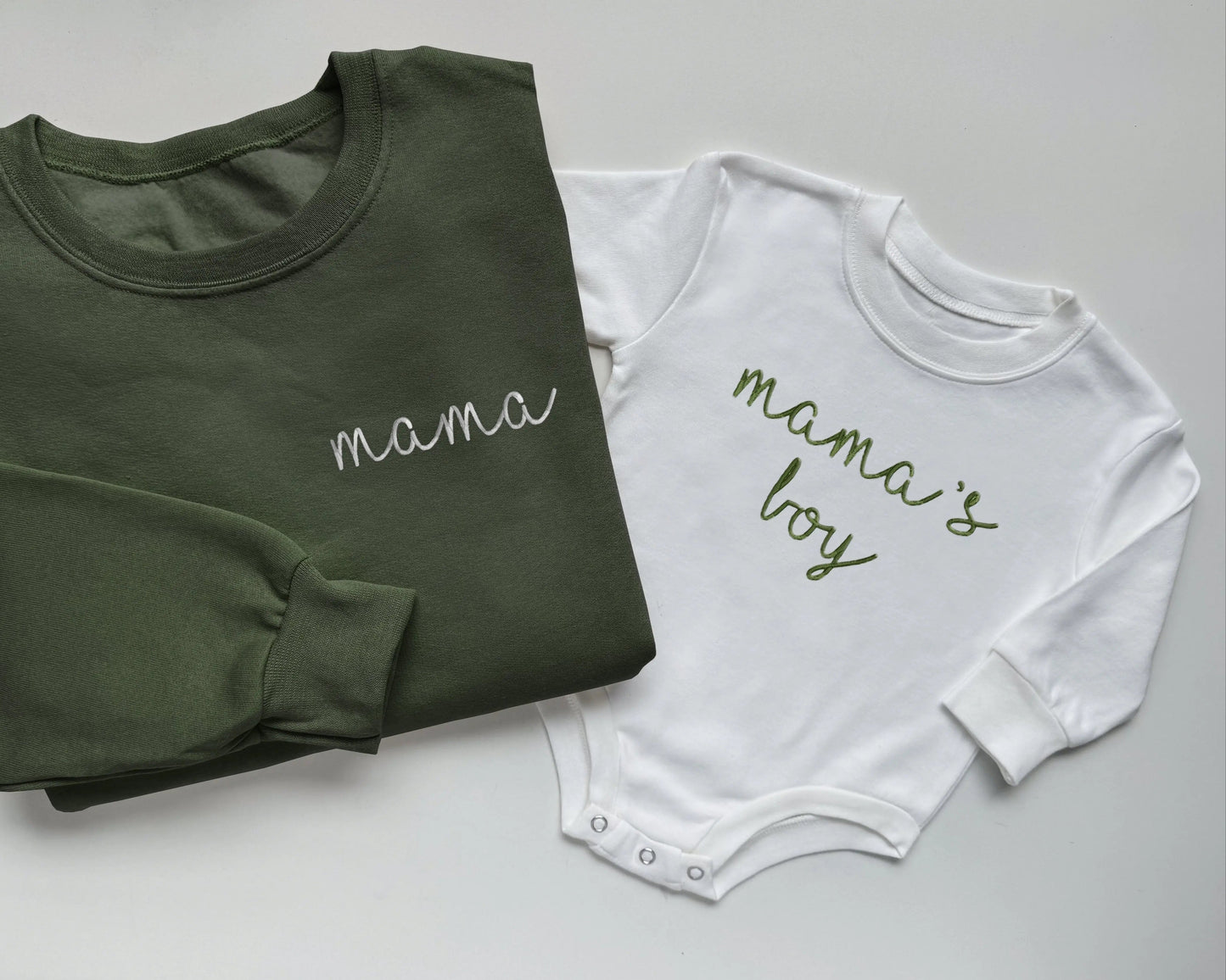 army green mama sweatshirt matching white baby onesie mini embroidered embroidery crewneck pullover mommy and me set baby shower gift baby boy mamas boy