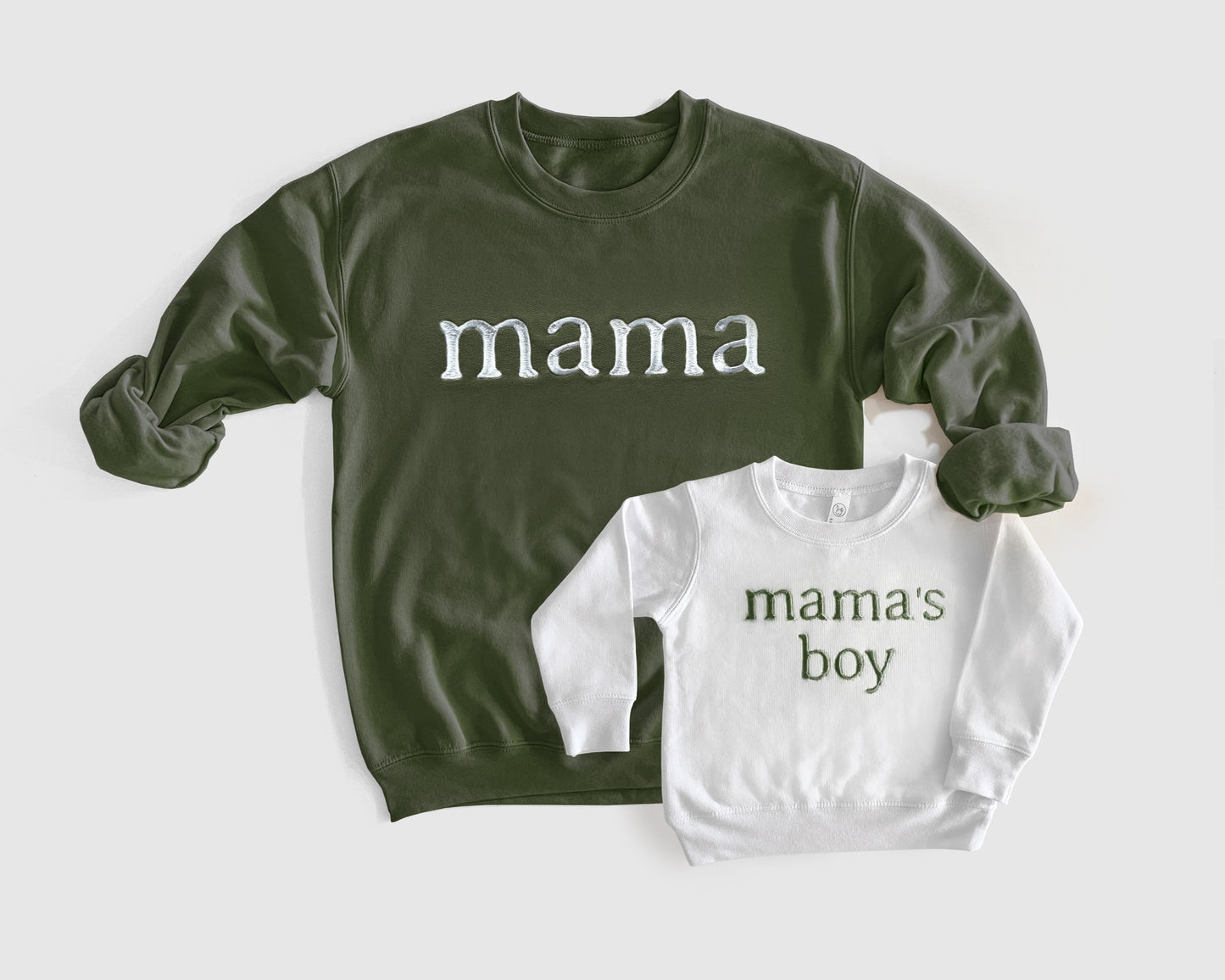army green mama sweatshirt matching white baby onesie mini embroidered embroidery crewneck pullover mommy and me set baby shower gift baby boy mamas boy