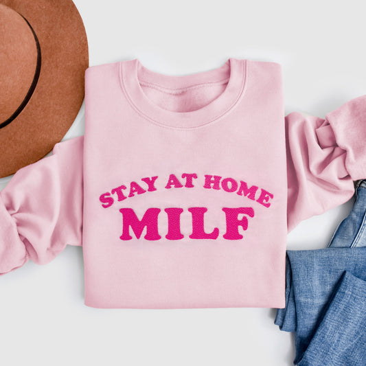 Stay At Home Milf custom embroidered mom sweatshirt in pink funny handmade mom gift folded